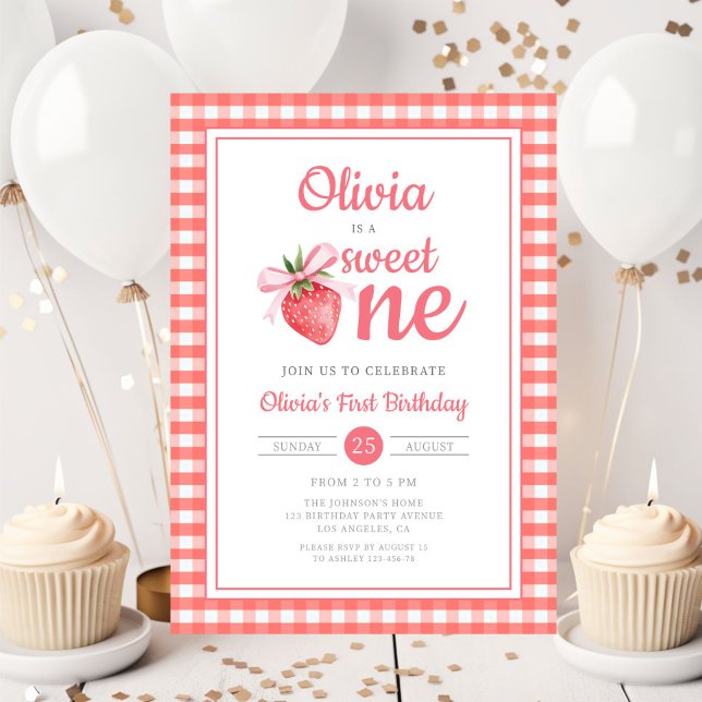 Convite Sweet One Strawberry 1st Birthday (Sweet One Strawberry 1st Birthday Invitation)
