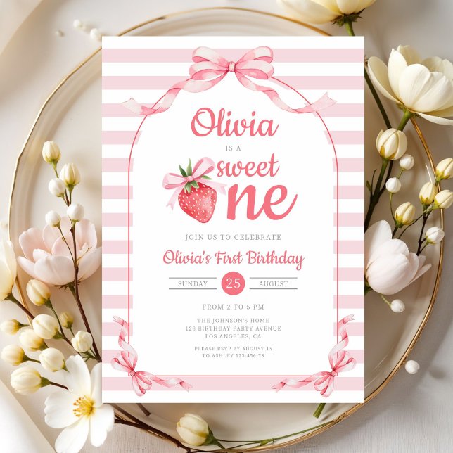 Convite Sweet One Strawberry Girl 1st Birthday (Sweet One Strawberry Girl 1st Birthday Invitation)