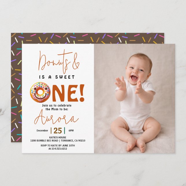 Convite  Sweet One watercolor donut 1st birthday (Frente/Verso)