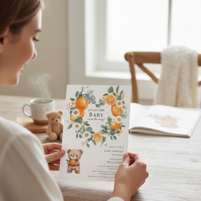 Convite Sweet Orange Daisy Bear Baby Shower Invitation (Criador carregado)
