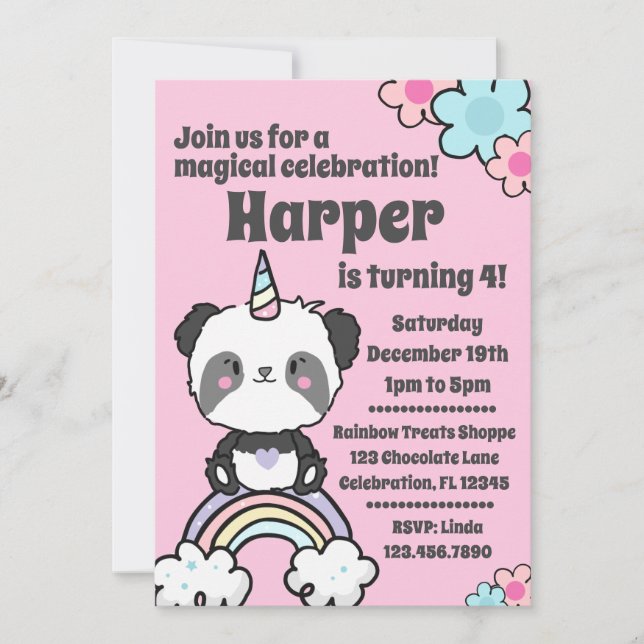 Convite Sweet Panda Unicorn Girly Invitation (Frente)