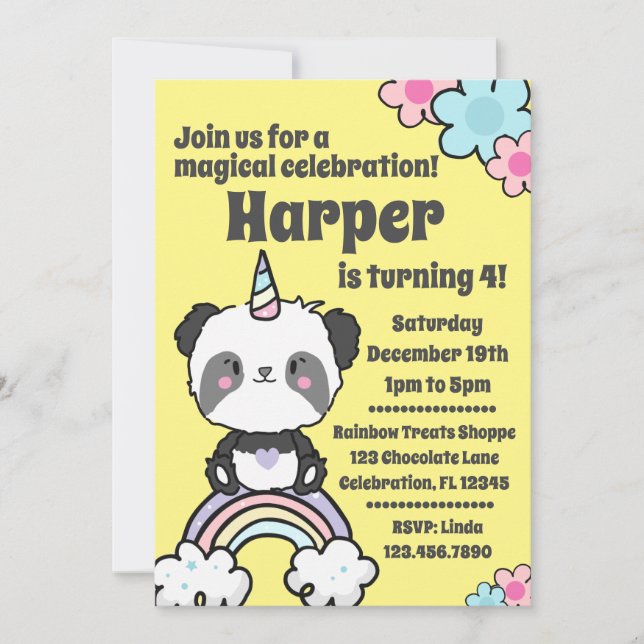 Convite Sweet Panda Unicorn Girly Invitation (Frente)