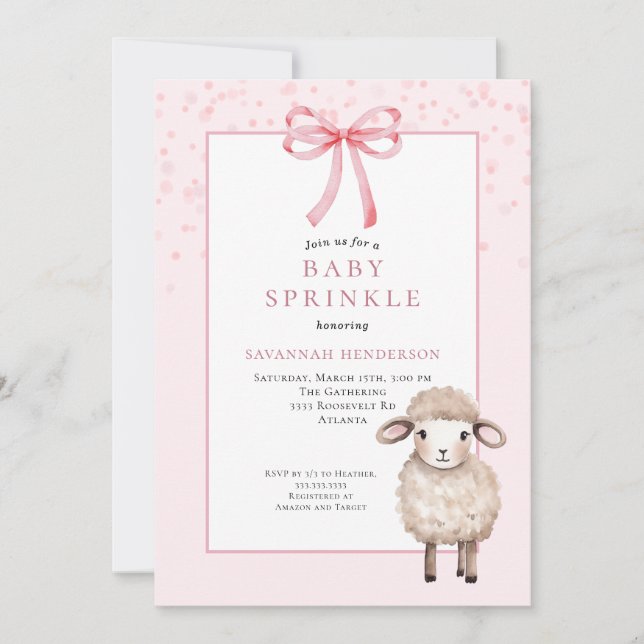 Convite Sweet Pink Baby Sprinkle with Bow & Cute Lamb  (Frente)