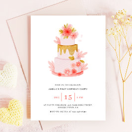 Convite Sweet Pink Floral Cake Baby Girl Birthday