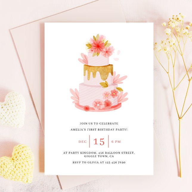 Convite Sweet Pink Floral Cake Baby Girl Birthday (Criador carregado)