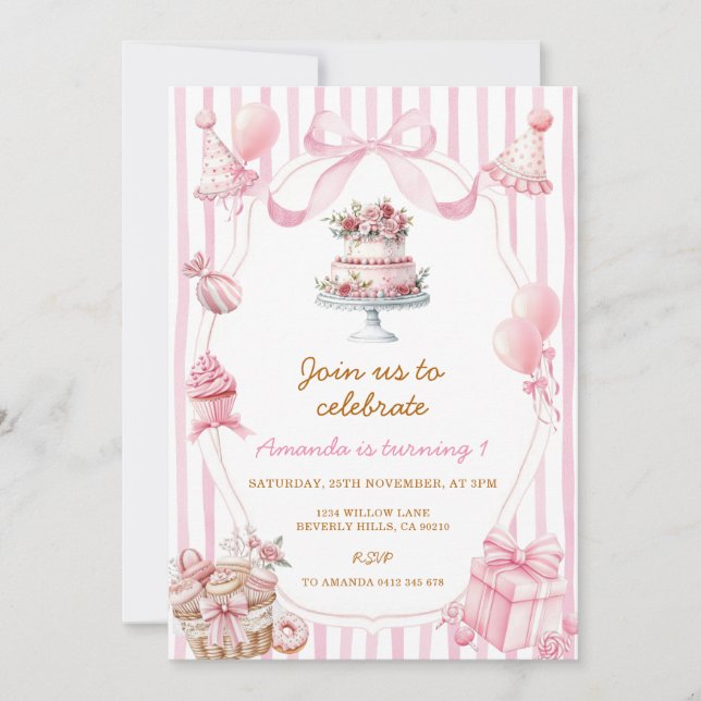 Convite Sweet Pink Stripe Bow Girl Birthday Invitation (Frente)