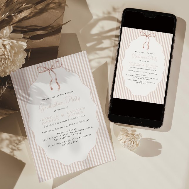 Convite Sweet Pinstriped Beige Bow Joint Graduation (Criador carregado)