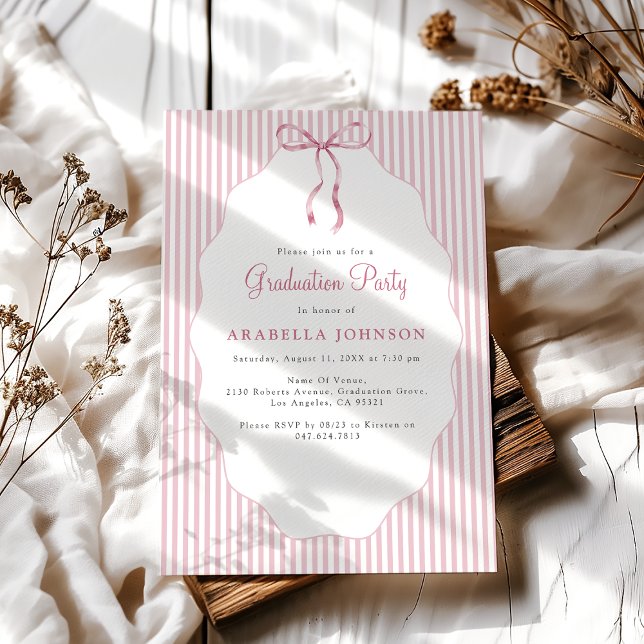 Convite Sweet Pinstriped Pink Bow Graduation (Criador carregado)
