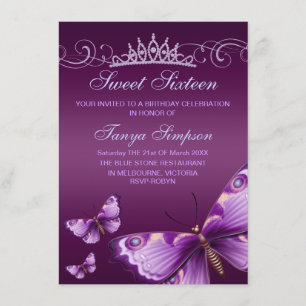 Convite Sweet Roxo16 Butterfly & Tiara Birthday Invite