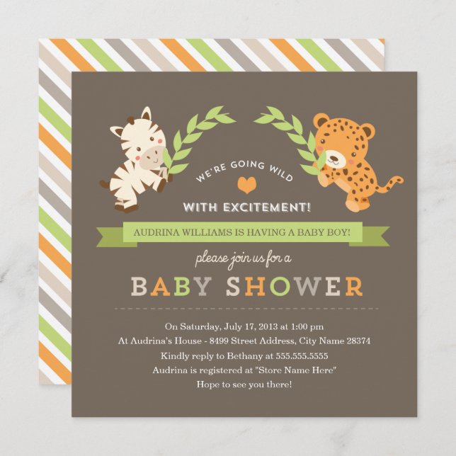 Convite Sweet Safari Chá de fraldas Invite (Frente/Verso)