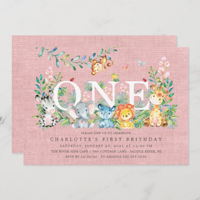 Convite Sweet Safari ONE Girls primeiro aniversario Convit (Frente/Verso)