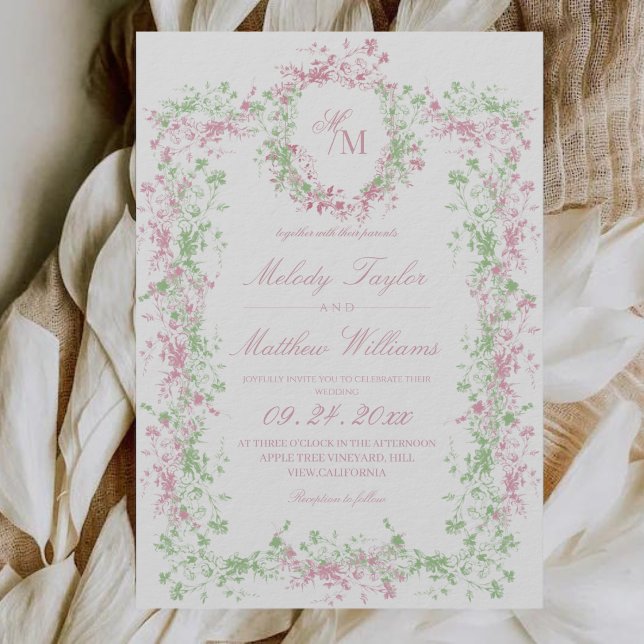 Convite Sweet Sage Green & Blush  Floral Crest Wedding (Criador carregado)