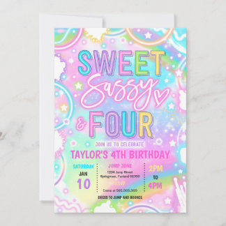 Convite Sweet Sassy And Four Neon Rainbow 4th Birthday