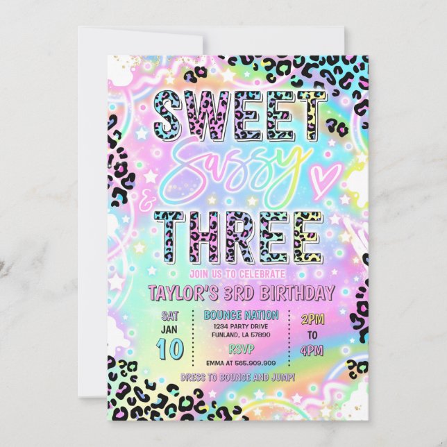 Convite Sweet Sassy And Three Rainbow Leopard 3rd Birthday (Frente)