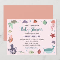 Sweet Sea Creatures Coral Chá de fraldas Invitatio