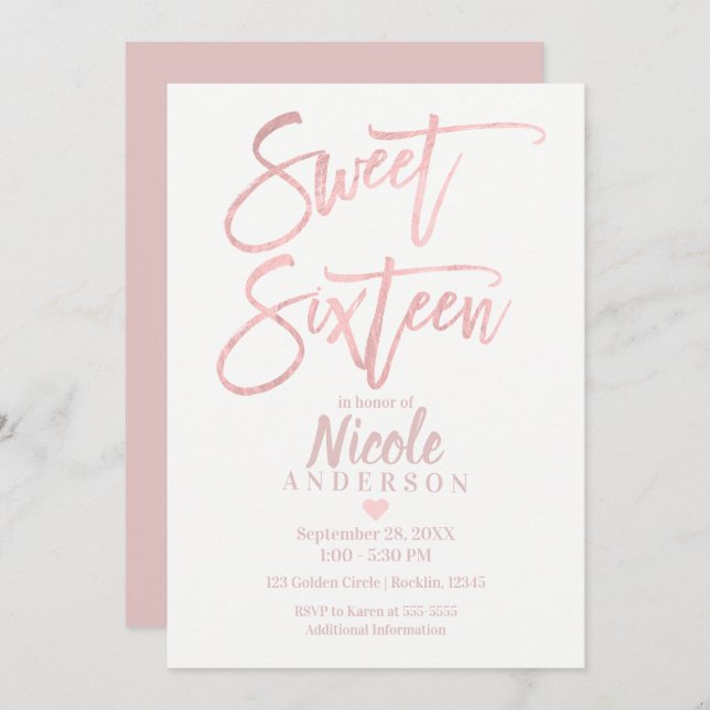 Convite SWEET SIXTEEN 16 Dourado Rosa Elegante Moderno (Frente/Verso)