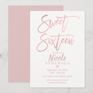 Convite SWEET SIXTEEN 16 Elegante Folha Dourada Rosa Moder
