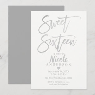 Convite SWEET SIXTEEN 16 Elegante Folha Prateada Cinza Mod