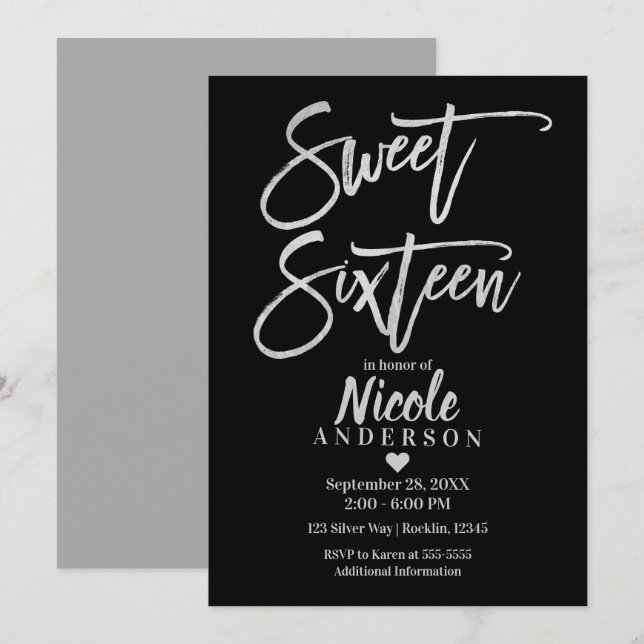 Convite SWEET SIXTEEN 16 Folha Prateada & Moderno Preto (Frente/Verso)