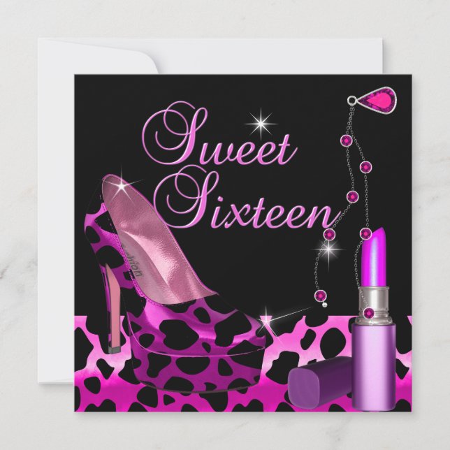 Convite Sweet Sixteen 16 Sapato Leopardo Rosa Batom (Frente)