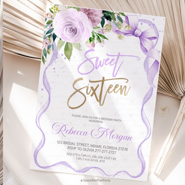 Convite Sweet Sixteen 16th (Sweet Sixteen, Sweet 16 Invitation, 16th Birthday, Pink Bow Invitation, Floral Watercolor, Birthday )