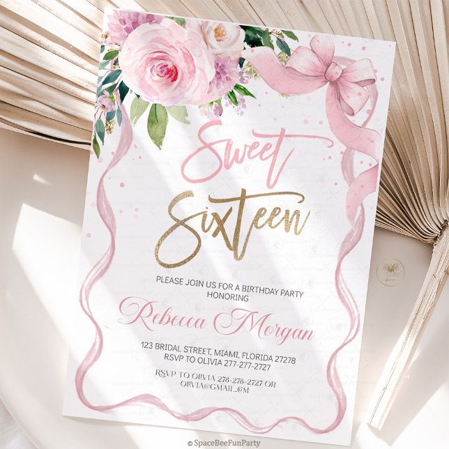 Convite Sweet Sixteen 16th (Sweet Sixteen, Sweet 16 Invitation, 16th Birthday, Pink Bow Invitation, Floral Watercolor, Birthday )