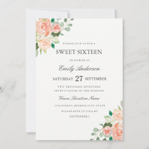 Convite Sweet Sixteen Blush Peach Floral Aquarela