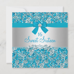 Convite Sweet Sixteen Brilho Azul e Laço