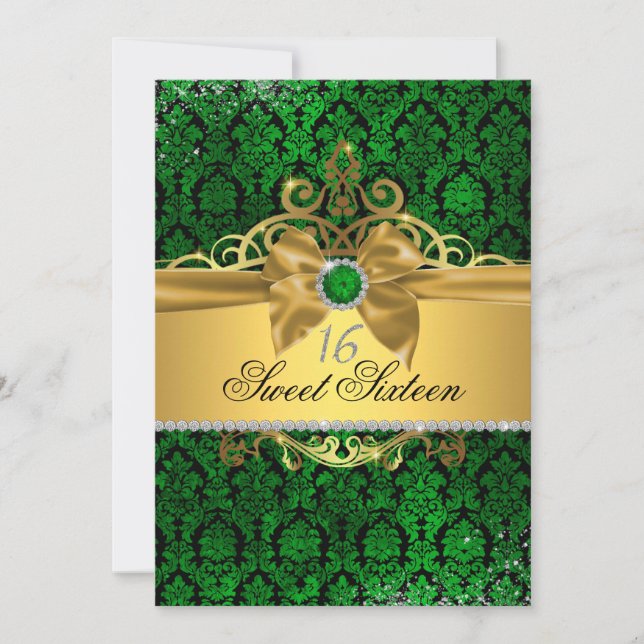 Convite Sweet Sixteen Dourado Verde Damask (Frente)