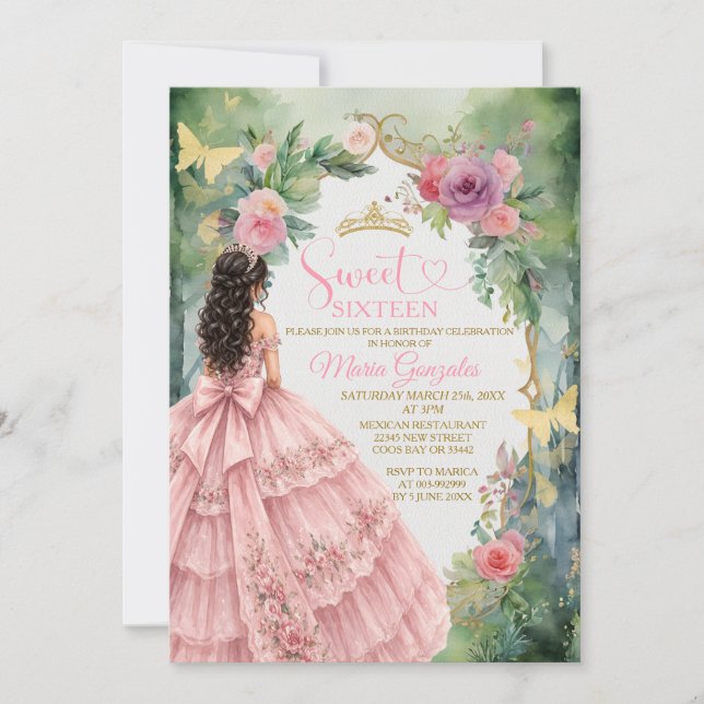 Convite Sweet Sixteen Invitation Pink Floral Garden (Frente)