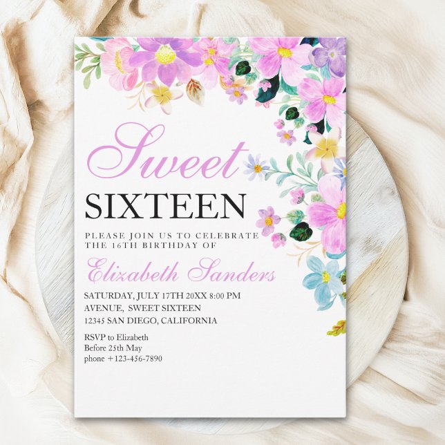 Convite Sweet Sixteen with Watercolor Spring Flowers (Criador carregado)