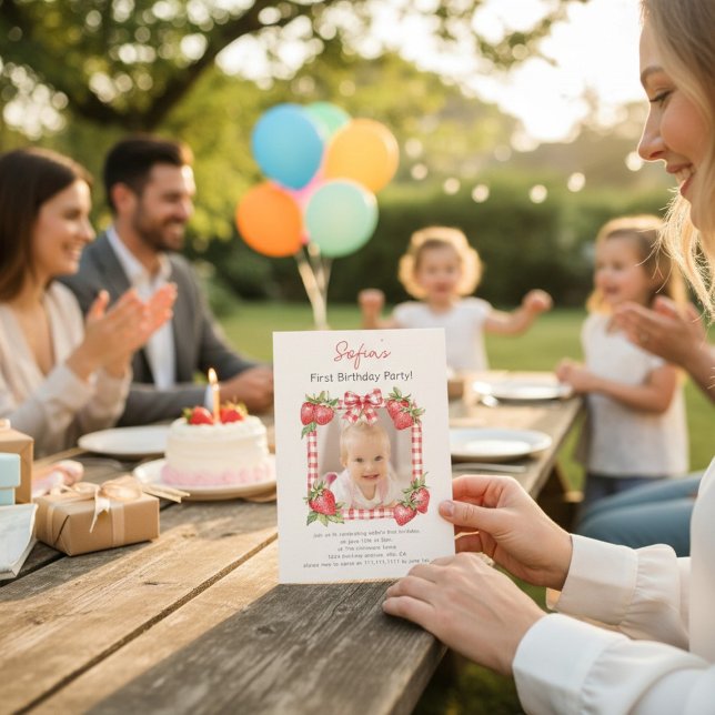 Convite Sweet Strawberry Photo Card First Birthday (Criador carregado)