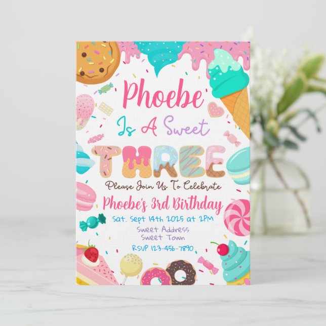 Convite Sweet Third Second Birthday Party Invitation (Em pé/Frente)