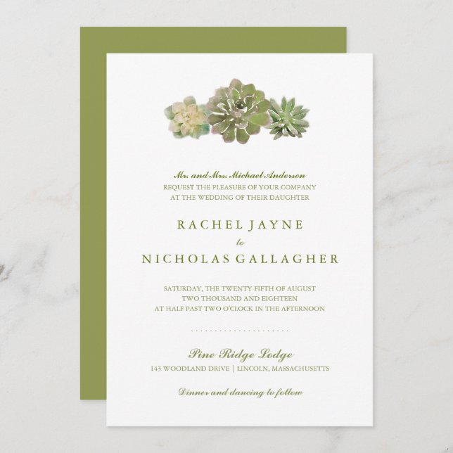 Convite Sweet Trio Succulents Sage Green | Casamento (Frente/Verso)