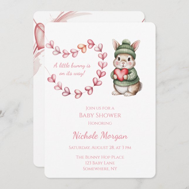 Convite Sweet Watercolor Bunny Baby Shower  (Frente/Verso)
