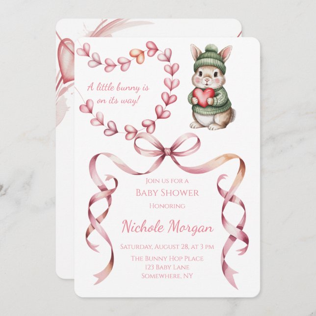 Convite Sweet Watercolor Bunny Baby Shower  (Frente/Verso)
