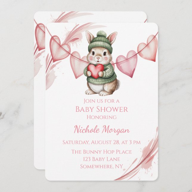 Convite Sweet Watercolor Bunny Baby Shower  (Frente/Verso)