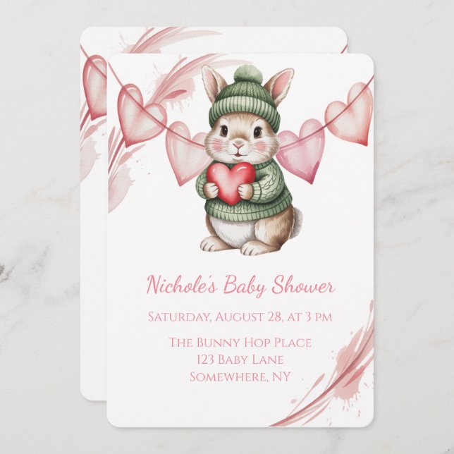 Convite Sweet Watercolor Bunny Baby Shower  (Frente/Verso)