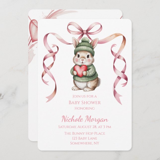 Convite Sweet Watercolor Bunny Baby Shower  (Frente/Verso)