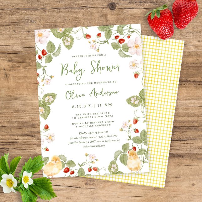 Convite Sweet Watercolor Strawberry Chicks Baby Shower (Criador carregado)