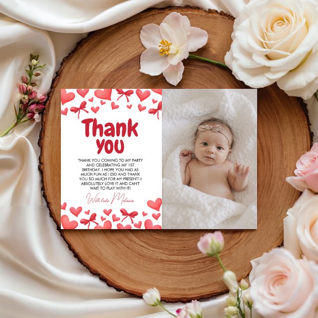 Convite Sweetheart First Birthday Photo Thank You Card  (Criador carregado)