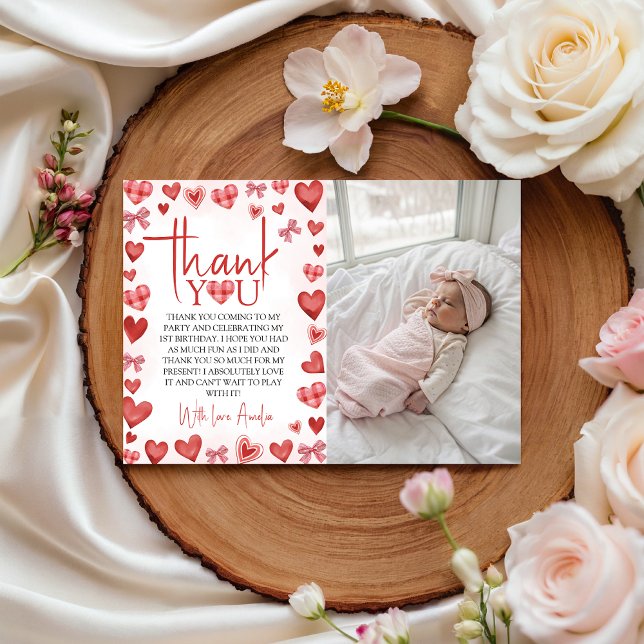 Convite Sweetheart First Birthday Photo Thank You Card (Criador carregado)