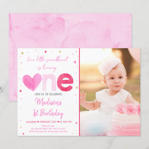 Convite Sweetheart Pink Dourado Hearts Primeiro Aniversár