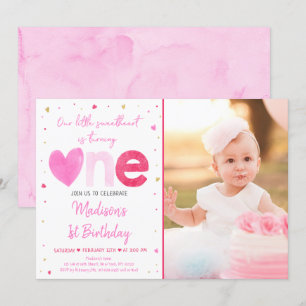 Convite Sweetheart Pink Dourado Hearts Primeiro Aniversár