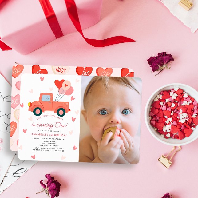 Convite Sweetheart Pink Truck Photo Girl 1st Birthday (Criador carregado)