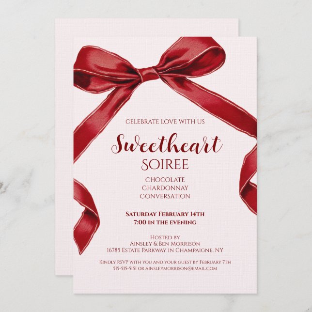 Convite Sweetheart Soiree Elegant Bow Valentines Day Party (Frente/Verso)