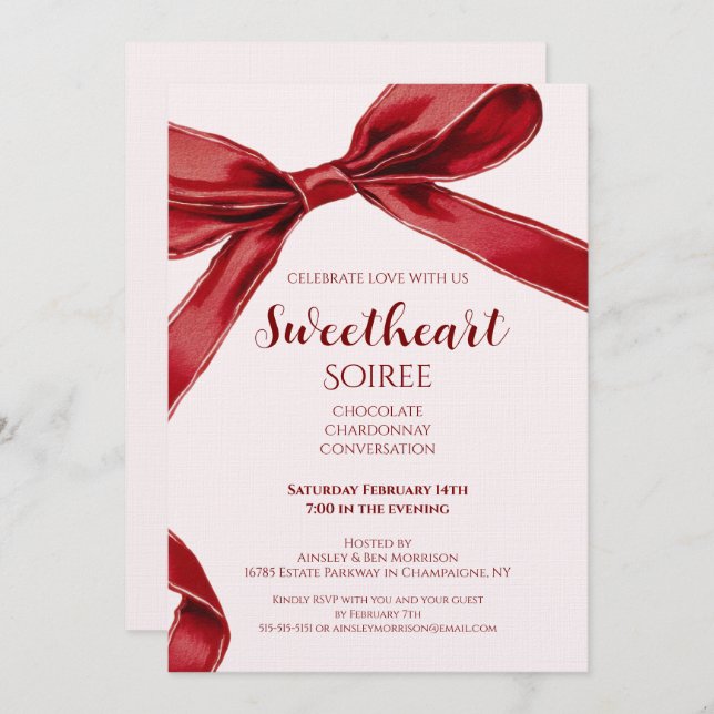 Convite Sweetheart Soiree Elegant Bow Valentines Day Party (Frente/Verso)