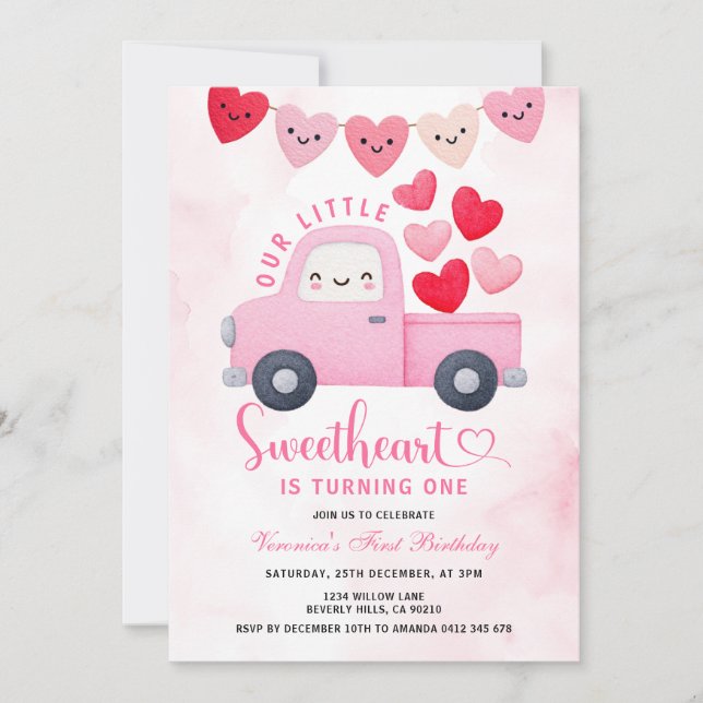 Convite Sweetheart Valentine 1st Birthday Truck Balloon  (Frente)