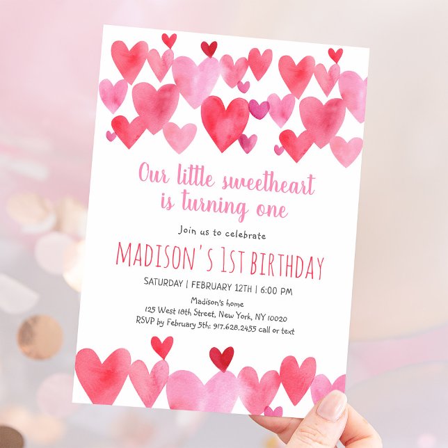 Convite Sweetheart Watercolor Hearts First Birthday (Criador carregado)