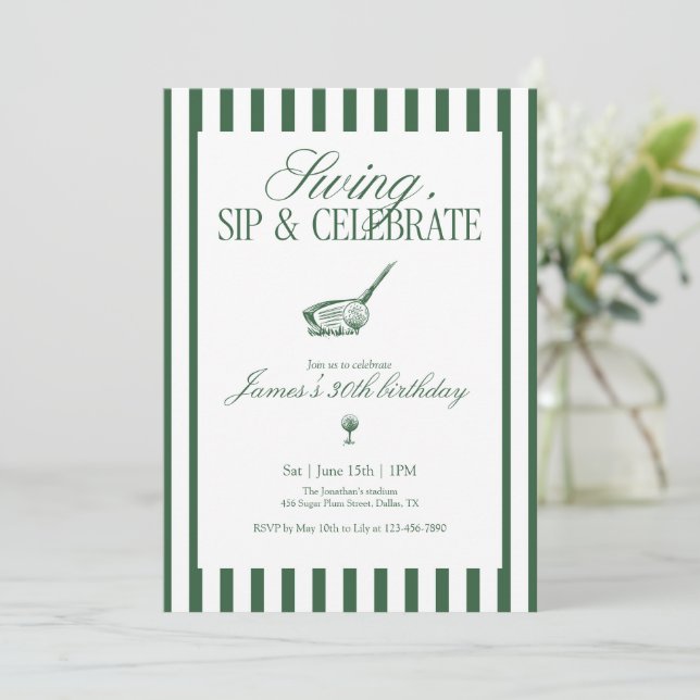 Convite Swing Sip Celebrate Golf Birthday Green Stripe (Em pé/Frente)